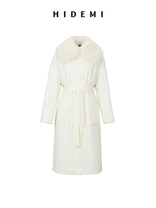 HIDEMI 皮毛一体可拆卸超大卷毛领廓形拉链口袋棉服长款大衣 （黑色/白色 ） 商品图10