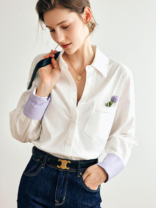 OLrain欧芮儿法式白色衬衫女早秋2022新款职业风宽松刺绣撞色衬衣 商品图3