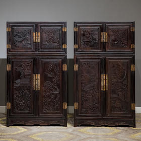 清中期 紫檀高浮雕渔樵耕读人物故事四件柜摆件