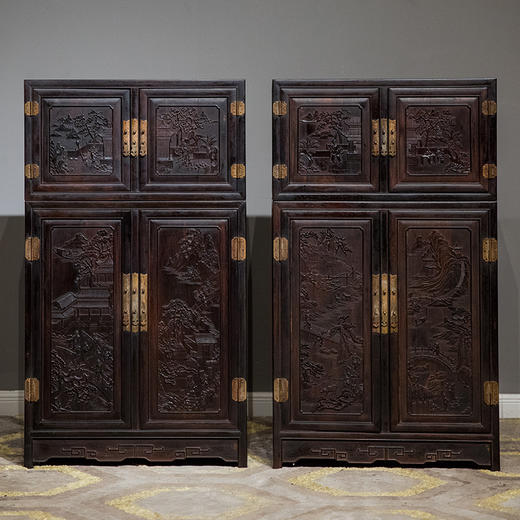 清中期 紫檀高浮雕渔樵耕读人物故事四件柜摆件 商品图0