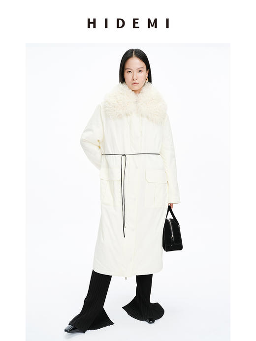 HIDEMI 皮毛一体可拆卸超大卷毛领廓形拉链口袋棉服长款大衣 （黑色/白色 ） 商品图2
