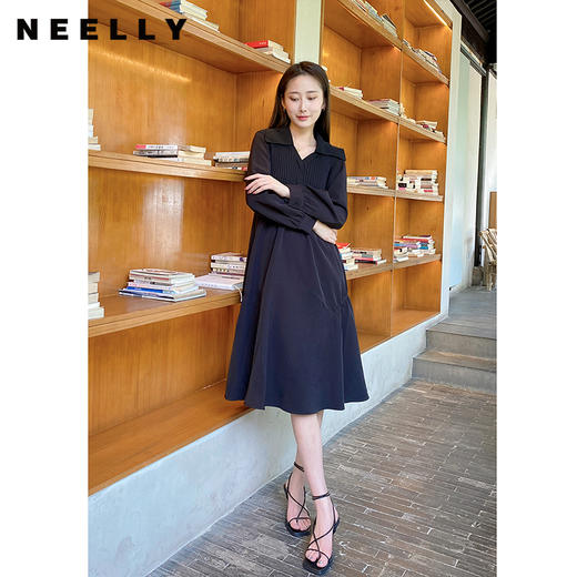 NEELLY纳俪秋季针织拼接连衣裙女气质翻领收腰中长款裙子时尚百搭N22084Y06617 商品图2