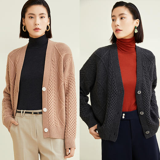 玳莎100%羊毛开衫女绞花设计感宽松V领针织衫上衣  CD33306 商品图1