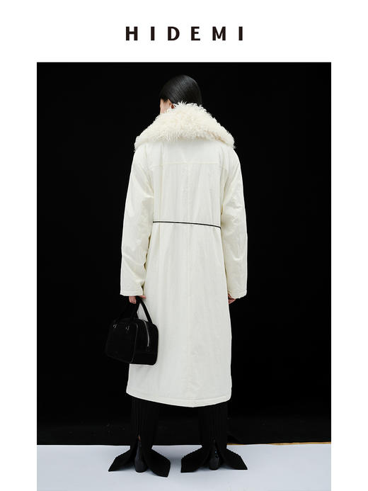 HIDEMI 皮毛一体可拆卸超大卷毛领廓形拉链口袋棉服长款大衣 （黑色/白色 ） 商品图8