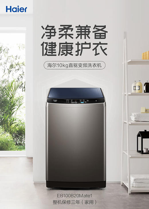 海尔（Haier) 波轮洗衣机全自动家电 10公斤直驱变频 蝶型水流 除螨洗 EB100B20Mate1 商品图0