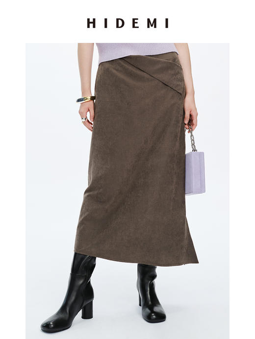 HIDEMI 摩卡色反毛麂绒不对称半身裙 商品图4