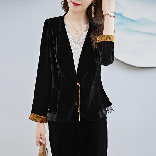 大码真丝绒小西装外套复古撞色修身显瘦桑蚕丝上衣ZS-9193 商品图2