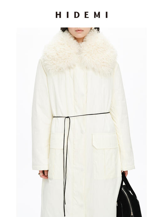 HIDEMI 皮毛一体可拆卸超大卷毛领廓形拉链口袋棉服长款大衣 （黑色/白色 ） 商品图3