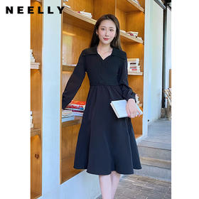 NEELLY纳俪秋季针织拼接连衣裙女气质翻领收腰中长款裙子时尚百搭N22084Y06617