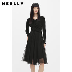 NEELLY纳俪商场同款抽绳显瘦针织衫拼接网纱连衣裙女中长款A字裙N22101Y01020