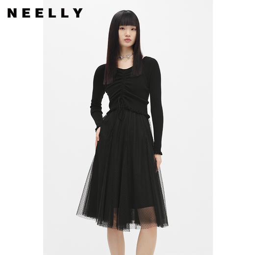 NEELLY纳俪商场同款抽绳显瘦针织衫拼接网纱连衣裙女中长款A字裙N22101Y01020 商品图0