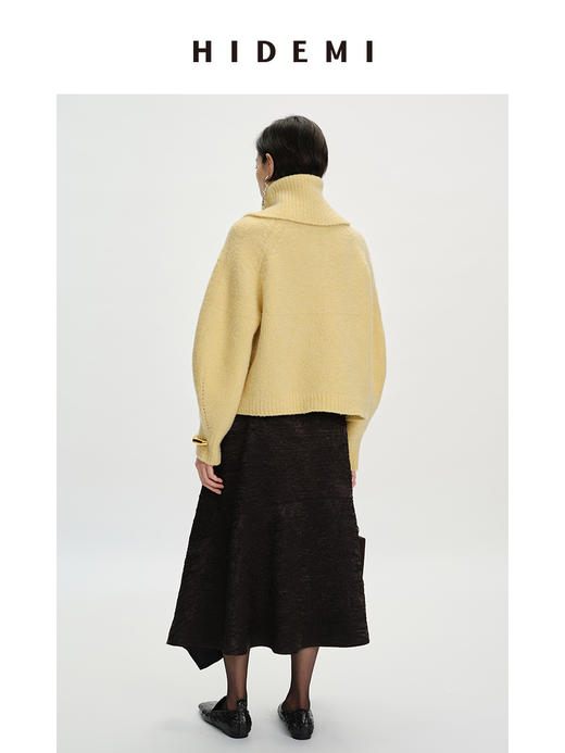 HIDEMI 美利奴羊毛缩绒圈圈粗针厚款拉链立领茧型袖毛衣 奶油黄/巧克力色/雾霾蓝 商品图7