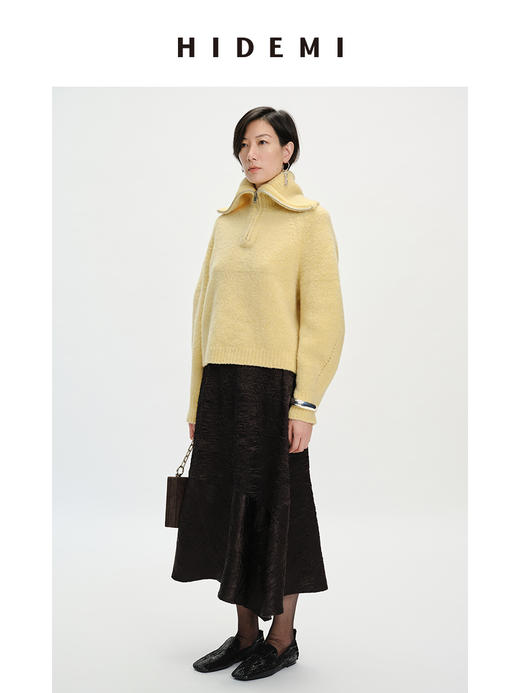 HIDEMI 美利奴羊毛缩绒圈圈粗针厚款拉链立领茧型袖毛衣 奶油黄/巧克力色/雾霾蓝 商品图1