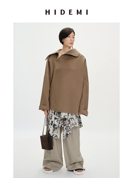 HIDEMI 美利奴双面羊毛不对称翻领大廓形套头大衣外套 商品图1