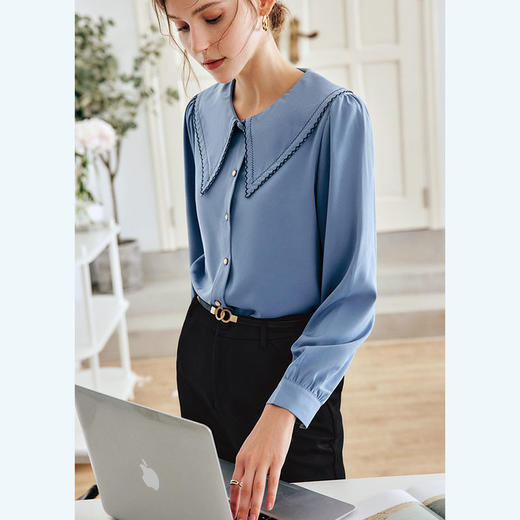 OLrain法式蓝色长袖衬衫女早秋2022年新款宽松泡泡袖垂感刺绣衬衣 商品图4