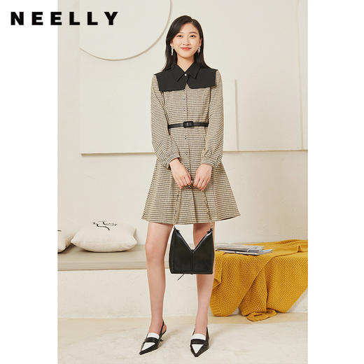 NEELLY纳俪商场同款撞色领格纹连衣裙女秋季新款单排扣收腰A字裙N22014Y03301 商品图1