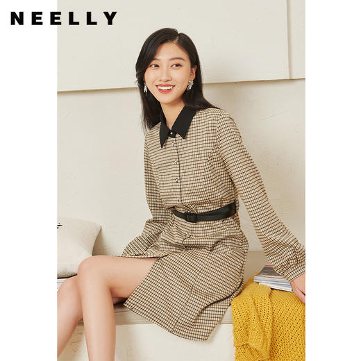 NEELLY纳俪商场同款撞色领格纹连衣裙女秋季新款单排扣收腰A字裙N22014Y03301 商品图2