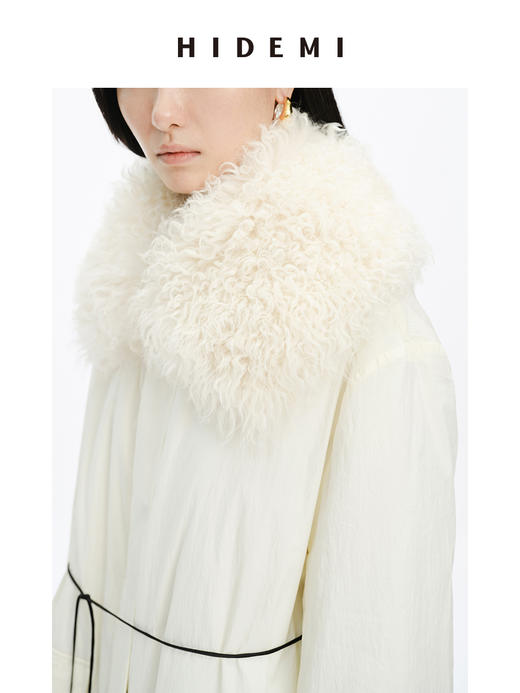 HIDEMI 皮毛一体可拆卸超大卷毛领廓形拉链口袋棉服长款大衣 （黑色/白色 ） 商品图5