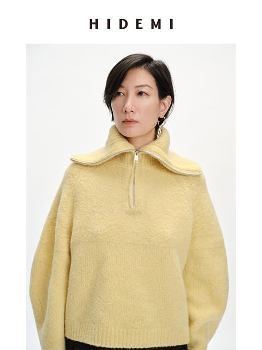 HIDEMI 美利奴羊毛缩绒圈圈粗针厚款拉链立领茧型袖毛衣 奶油黄/巧克力色/雾霾蓝 商品图2
