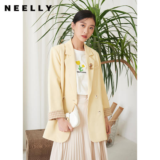 NEELLY纳俪商场同款奶酪黄西装外套女秋季新款双排扣宽松上衣韩版N22034C06624 商品图3