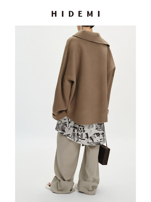 HIDEMI 美利奴双面羊毛不对称翻领大廓形套头大衣外套 商品图7