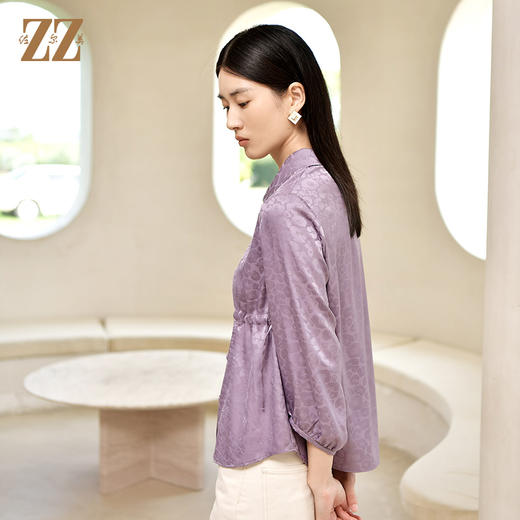 秋季新款 气质小碎花收腰9分袖纯色紫色衬衣女E23CC18 商品图3