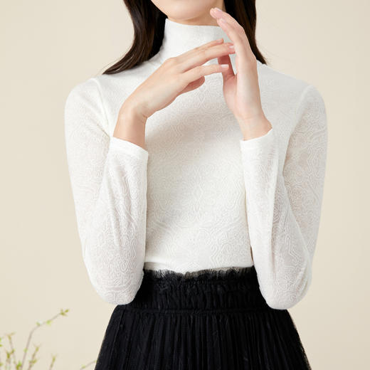 玳莎提花中高领针织衫直筒气质小衫套头长袖白色上衣女 BC32303 商品图2