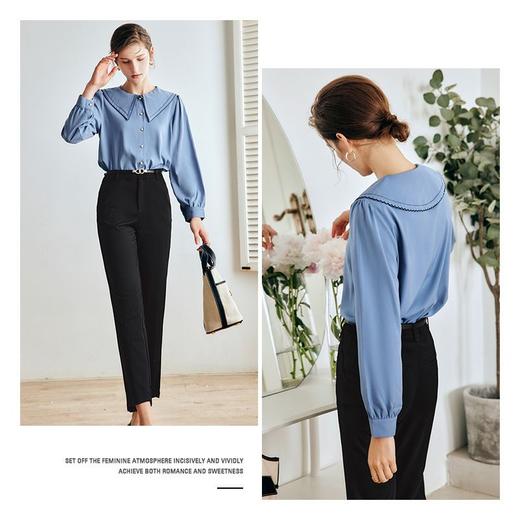 OLrain法式蓝色长袖衬衫女早秋2022年新款宽松泡泡袖垂感刺绣衬衣 商品图2