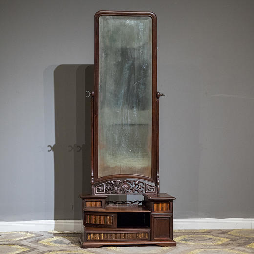 民国 红木嵌竹透雕花卉纹穿衣镜 商品图0