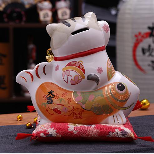 招财猫摆件家居礼品陶瓷存钱储蓄罐 富贵有余波士桃花猫 商品图3