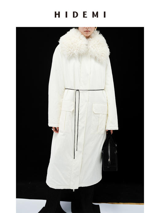 HIDEMI 皮毛一体可拆卸超大卷毛领廓形拉链口袋棉服长款大衣 （黑色/白色 ） 商品图6