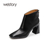 westory秋冬新款方头中缝线纯色粗高跟时装短靴小众82361 商品缩略图1