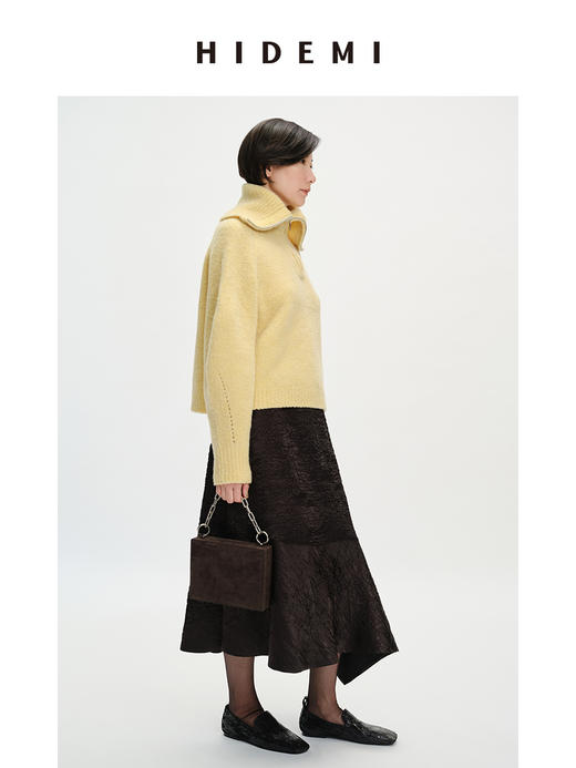 HIDEMI 美利奴羊毛缩绒圈圈粗针厚款拉链立领茧型袖毛衣 奶油黄/巧克力色/雾霾蓝 商品图4