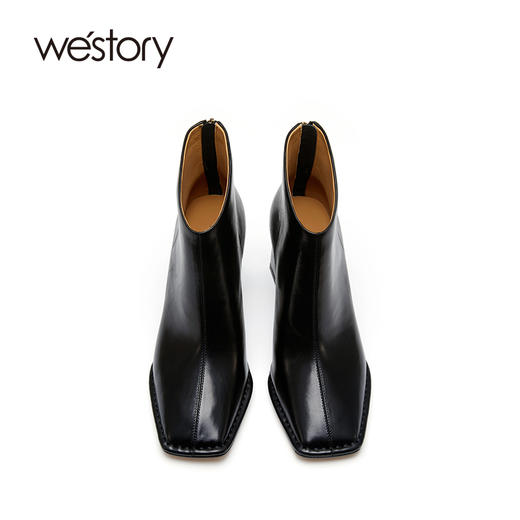 westory秋冬新款方头中缝线纯色粗高跟时装短靴小众82361 商品图3