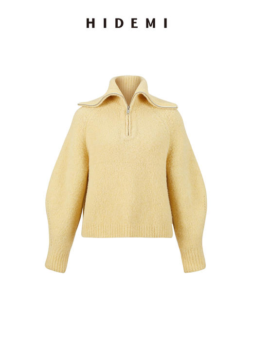 HIDEMI 美利奴羊毛缩绒圈圈粗针厚款拉链立领茧型袖毛衣 奶油黄/巧克力色/雾霾蓝 商品图9