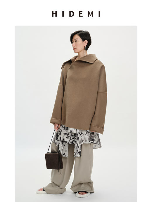 HIDEMI 美利奴双面羊毛不对称翻领大廓形套头大衣外套 商品图2