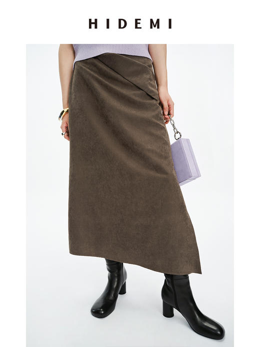 HIDEMI 摩卡色反毛麂绒不对称半身裙 商品图1