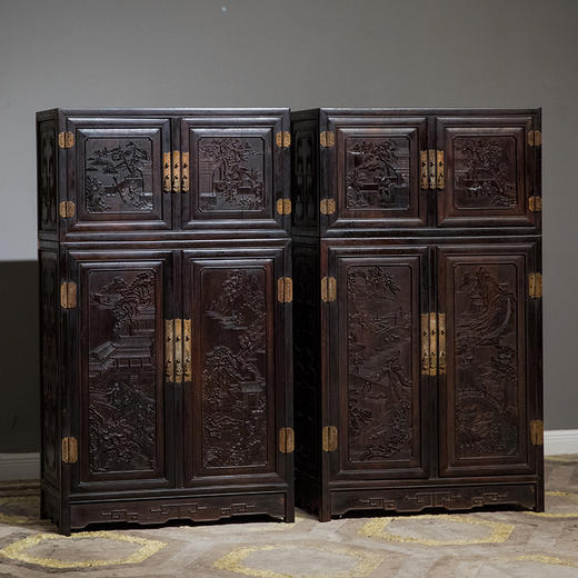 清中期 紫檀高浮雕渔樵耕读人物故事四件柜摆件 商品图4