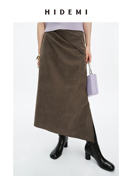 HIDEMI 摩卡色反毛麂绒不对称半身裙 商品图2