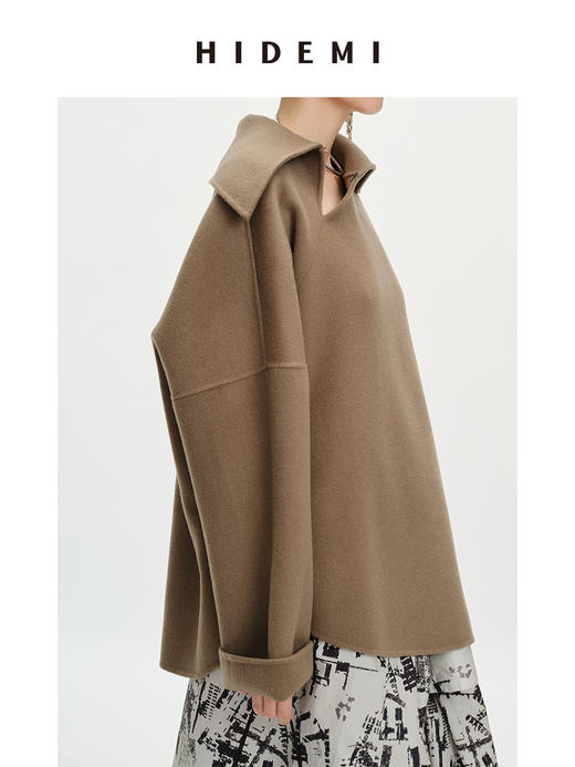 HIDEMI 美利奴双面羊毛不对称翻领大廓形套头大衣外套 商品图4