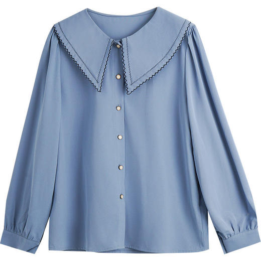 OLrain法式蓝色长袖衬衫女早秋2022年新款宽松泡泡袖垂感刺绣衬衣 商品图5