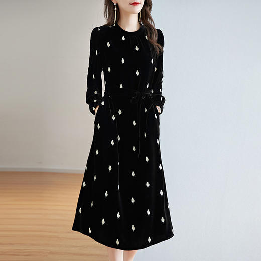高贵洋气，新款中年妈妈装气质收腰真丝长袖打底裙冬丝绒连衣裙SM-82298723 商品图0