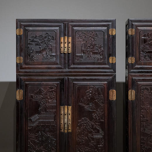 清中期 紫檀高浮雕渔樵耕读人物故事四件柜摆件 商品图1