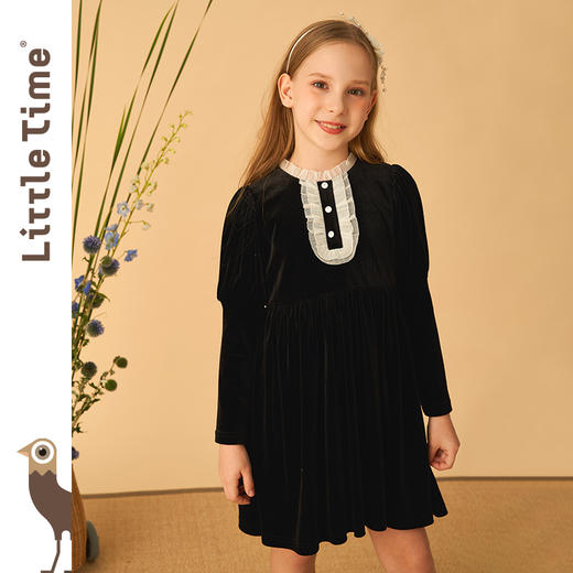 littletime秋季女童赫本风小黑裙2022新款女大童灯笼袖丝绒连衣裙 商品图0