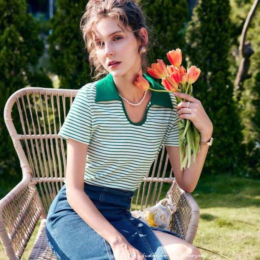 OLrain法式高级穿搭条纹T恤女夏季2022年新款polo领撞色冰爽上衣 商品图0