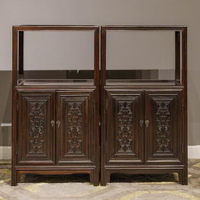 二十世纪 红木花卉纹亮格柜摆件（一对）