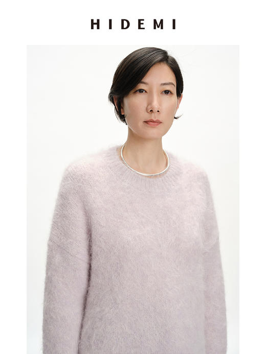HIDEMI 羊驼毛臻品长毛绒感亲肤加厚廓形高级粉圆领大毛衣 商品图7