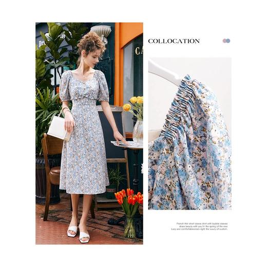 欧芮儿碎花雪纺连衣裙女夏季2022年新款收腰法式泡泡袖蓝色大摆裙 商品图2