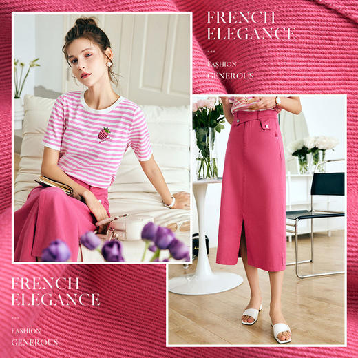 OLrain法式粉色牛仔半身裙女夏季2022新款高腰气质显瘦开叉A字裙 商品图2