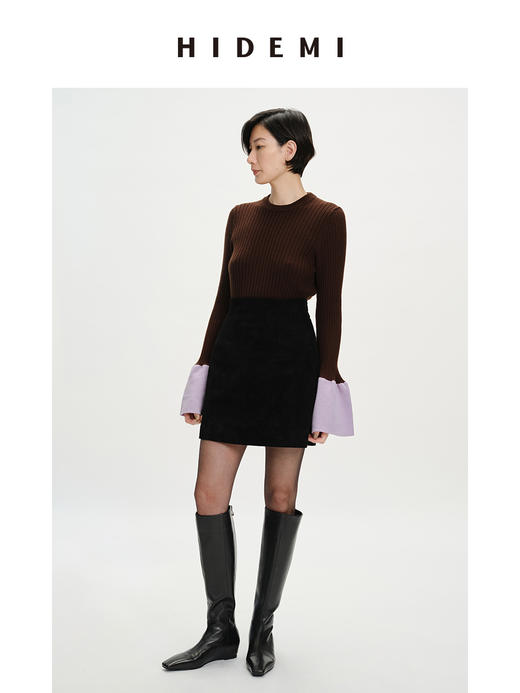 HIDEMI 美利奴羊毛撞色花苞灯笼袖坑条收身款圆领毛衣 商品图4